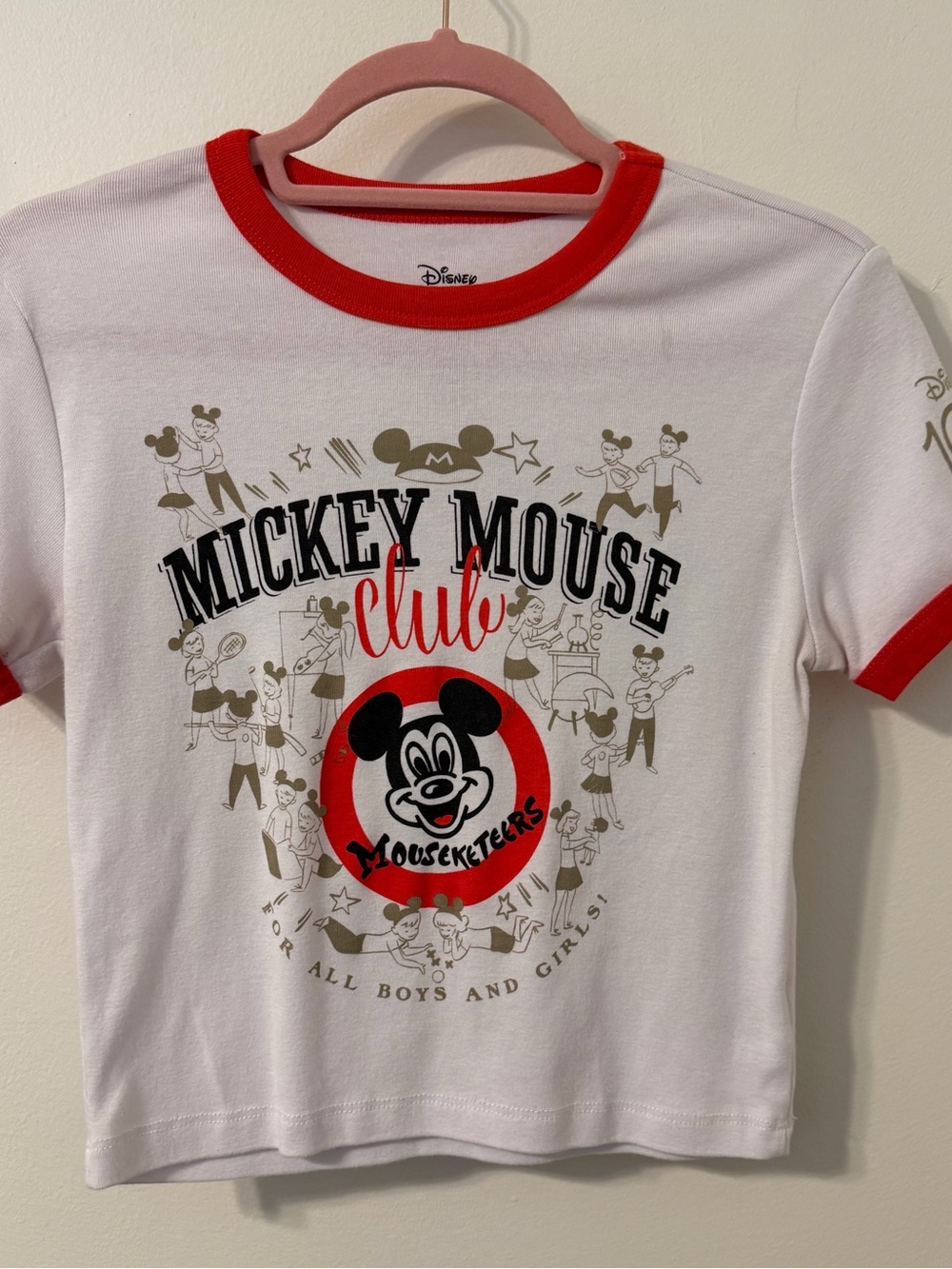 Disney White Baby Tee with Red Trim and Mickey Mouse Club Graphic